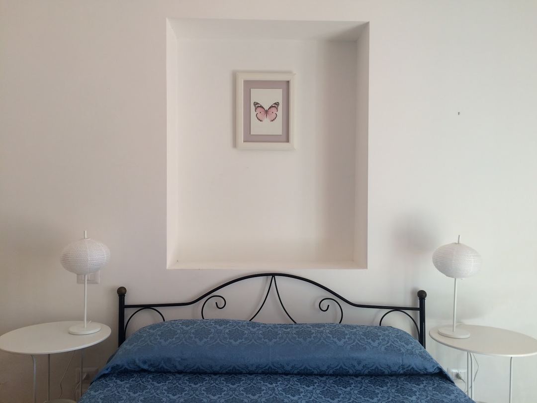 A minimalist bedroom featuring a black wrought iron bed with blue patterned bedding, white side tables with lamps, and a framed butterfly artwork above the headboard.